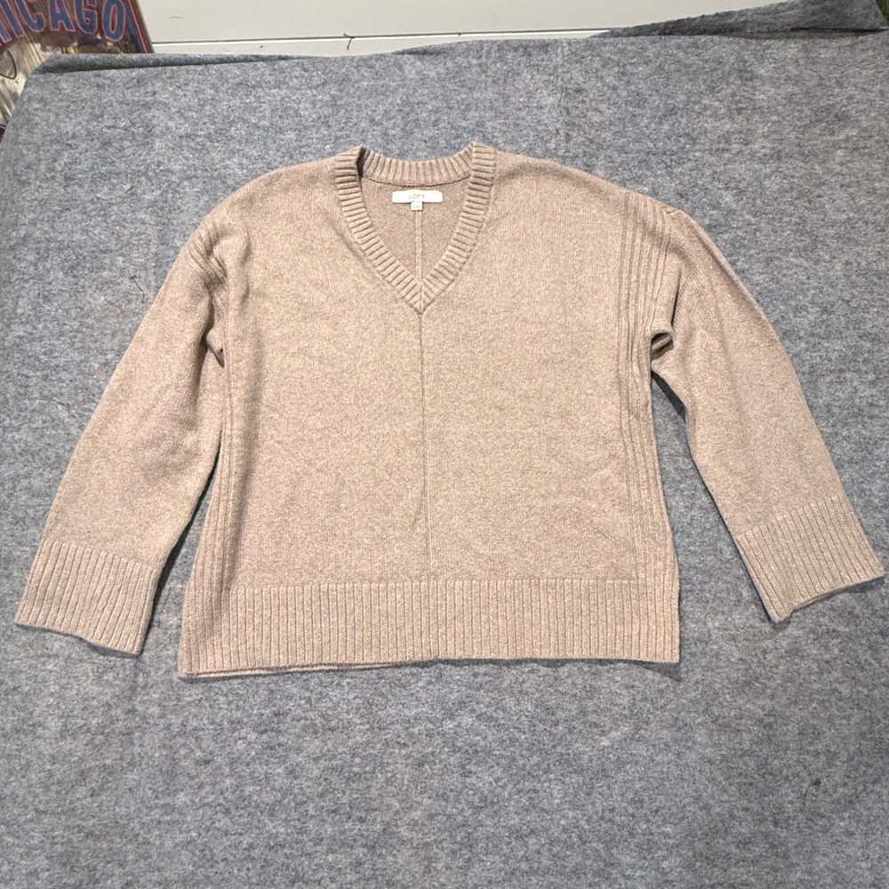 LOFT Womens Tan V-Neck Long Sleeve Relaxed Fit Cotton Blend Sweater XL 757243‎